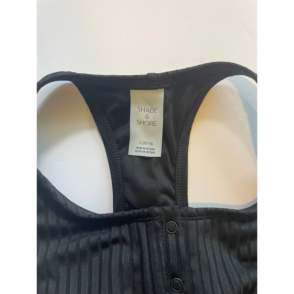 NWT Shade & Shore Black Ribbed Henley One Piece Swimsuit Tummy Control L - Picture 3 of 6